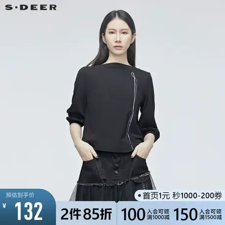sdeer圣迪奥春秋宽松一字领垂坠休闲中袖黑色棉质T恤女S20180221商品大图