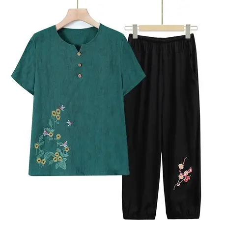 妈妈洋气夏装中老年女装时尚奶奶棉绸套装加大码薄款老人太太衣服商品大图