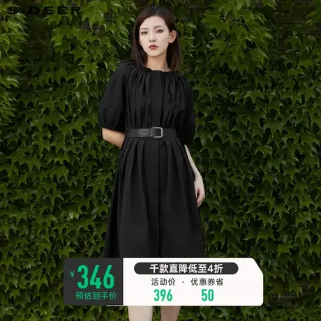 sdeer圣迪奥裙子女夏季圆领收腰风琴褶中袖黑色连衣裙S22261230图片