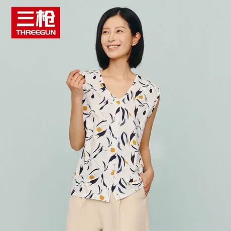 三枪女士T恤短袖纯棉2023年夏季新品水柔棉V领开襟休闲全棉汗衫图片