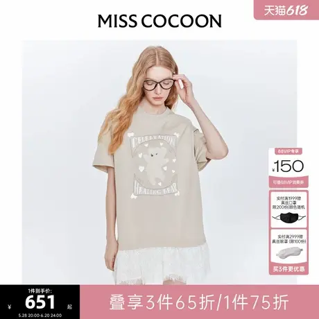 可可尼cocoon小熊印花假两件蕾丝连衣裙2025夏季新款纯棉T恤裙子图片