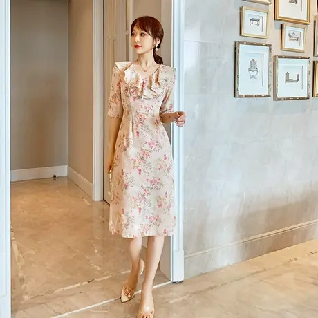 欧洲站轻熟风高端印花连衣裙女夏娃娃领收腰显瘦名媛气质中长款裙图片