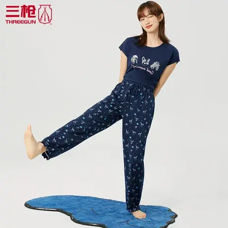 三枪家居裤女秋纯棉睡裤春季荷叶边水柔棉女士家居长裤印花60794图片