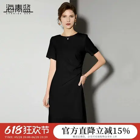 海青蓝时尚简约通勤连衣裙女2025夏季新款气质圆领褶皱收腰中长裙图片