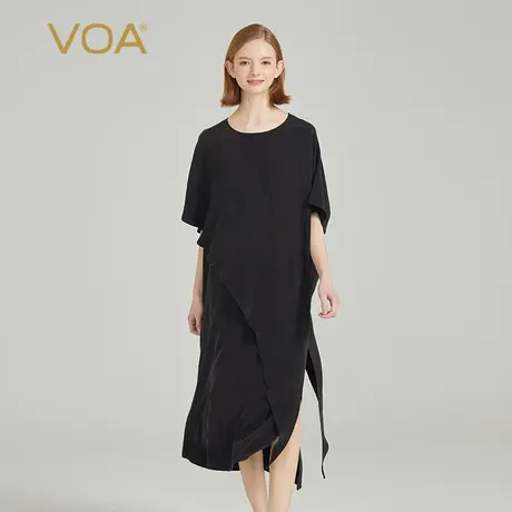 VOA30姆米重磅真丝星夜黑圆领蝙蝠短袖宽松大码砂洗真丝连衣裙图片