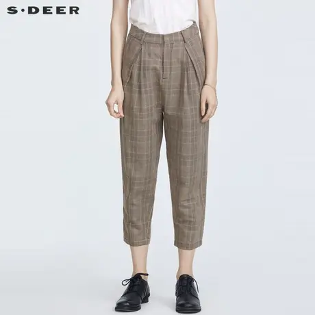 sdeer圣迪奥夏季通勤格纹休闲棉麻西装九分裤女S21260804商品大图