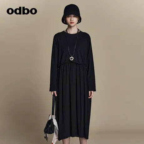 odbo 小众别致高级感连衣裙女春季新款黑色气质显瘦中长裙图片