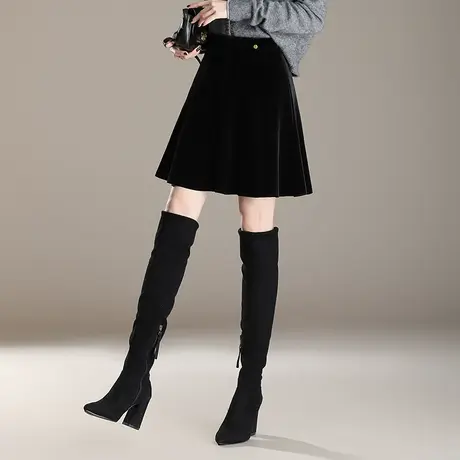 黑色丝绒半身裙女2025秋冬新款高腰显瘦百搭A字裙小个子气质短裙图片