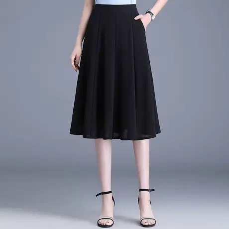 黑色雪纺半身裙女夏季2025新款高腰垂感显瘦百褶a字裙中长休闲裙图片