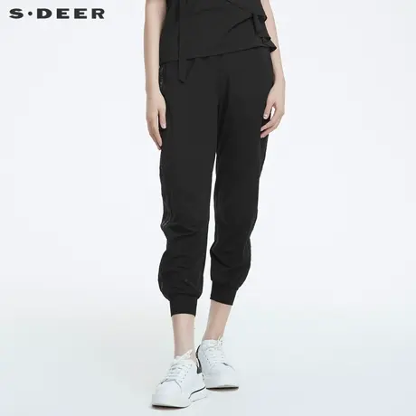 sdeer圣迪奥女装抽绳松紧拼接黑色运动长裤S22280830商品大图