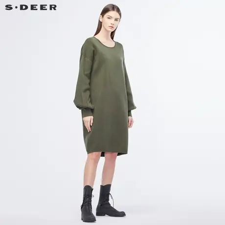 sdeer圣迪奥2018冬装军绿灯笼袖落肩套头长款毛衣针织衫S17463584商品大图