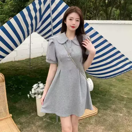 大码女夏季新款胖mm不规则气质别致收腰显瘦遮肚减龄Polo领连衣裙图片
