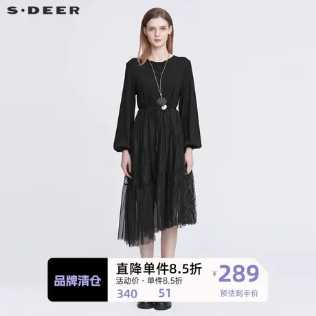 S·DEER圣迪奥女装时尚圆领收腰网纱蕾丝长袖连衣裙S22181207图片
