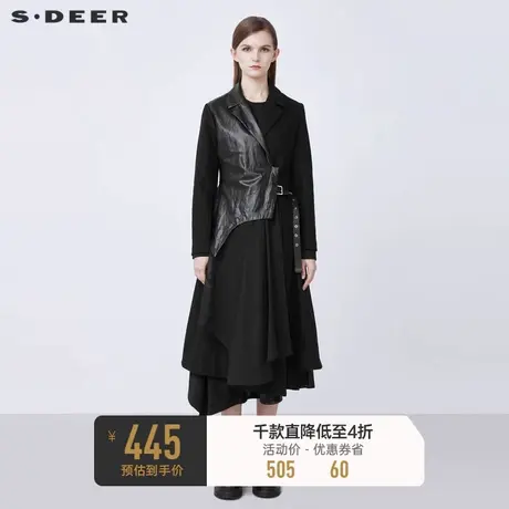 sdeer圣迪奥秋冬西装领PU拼接收腰长款毛呢大衣S21481809图片