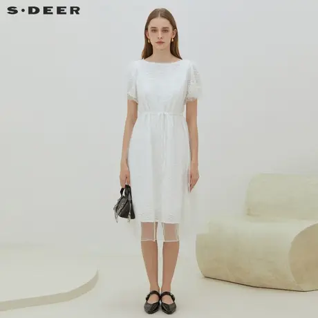 sdeer圣迪奥圆领收腰网纱泡泡袖连衣裙S223Z1297图片