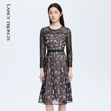 LANCY/悦朗姿奥莱长款连衣裙商场同款通勤春秋时尚收腰印花短袖女图片