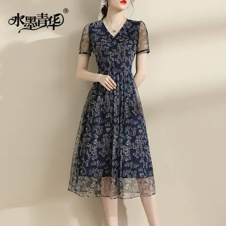 水墨青华时尚中长款连衣裙夏季新款连身裙收腰显瘦印花裙子图片