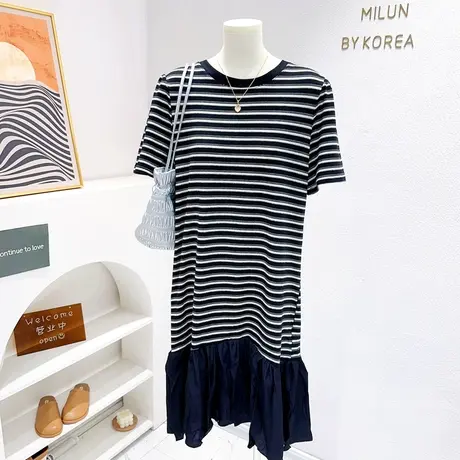 韩代同款短袖连衣裙夏季款法式后背开叉条纹长款拼接荷叶边鱼尾裙图片