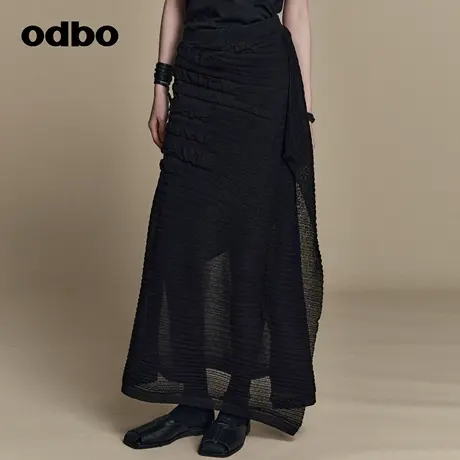 odbo 肌理感不规则纱网半身裙女夏季新款高腰黑色显瘦中长裙图片