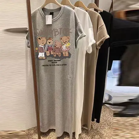灰色短袖长裙休闲过膝t恤裙女夏韩版chic大码胖mm遮肚显瘦连衣裙图片
