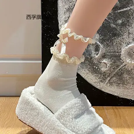 日系Lolita秋冬款蕾丝蝴蝶结花边小腿jk中筒洛丽塔短袜子女ins潮图片