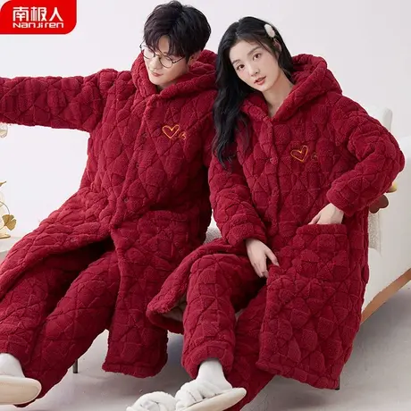 睡衣结婚新婚情侣套装大红色珊瑚绒三层夹棉睡袍奢华情侣睡衣冬季商品大图