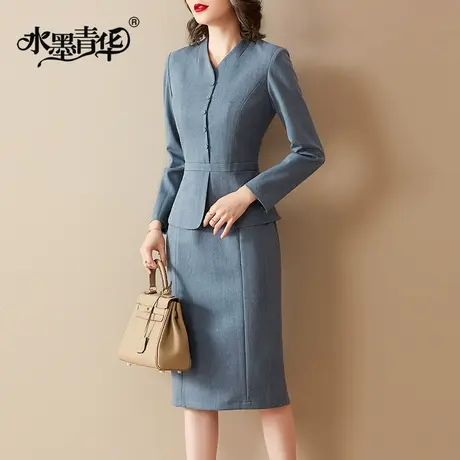 水墨青华春季新品简约通勤修身裙子女时尚减龄洋气百搭连衣裙图片