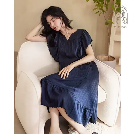 妮狄娅2023睡衣睡裙女士春夏季简约纯色甜美宽松夏天中长款家居服图片