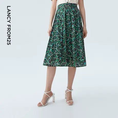 【纯棉】LANCY/朗姿2023早秋新款高腰半身裙子女印花中长款设计感图片
