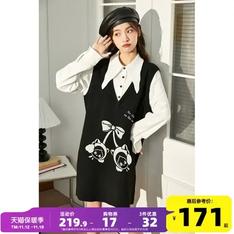唐狮甜美樱桃连衣裙女春秋长袖休闲学院风假两件小个子黑色裙子q2图片