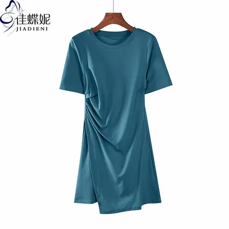 夏季新款韩版纯棉圆领修身显瘦褶皱纯色中长款短袖体恤连衣裙女装图片