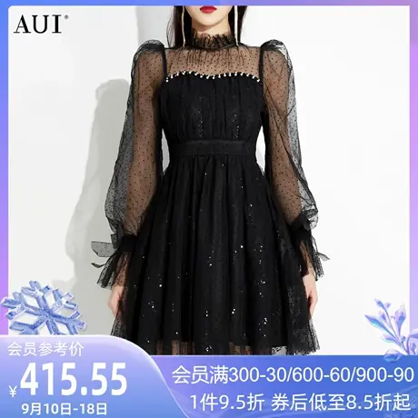 AUI黑色名媛气质网纱拼接连衣裙女2023春夏新款泡泡袖修身小黑裙图片
