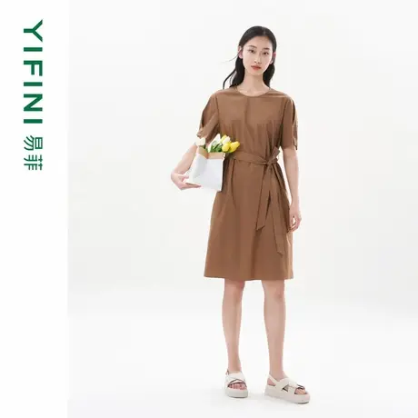 [专柜同款]Yifini/易菲简约圆领时尚通勤H型短袖连衣裙夏装新图片