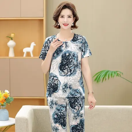 中老年女装妈妈洋气夏装新款老太太奶奶冰丝套装宽松大码薄款衣服商品大图