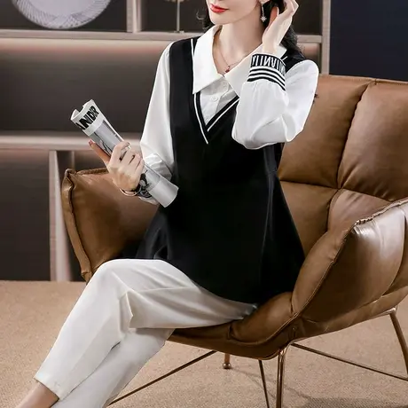 2024年新款女装心动符大码胖mm秋装polo领气质拼接收腰显瘦衬衫女图片