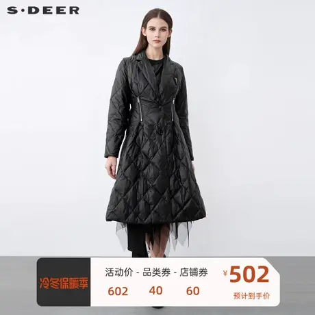 sdeer圣迪奥女装时尚西装领拉链拼接A字长款羽绒服S21482424图片