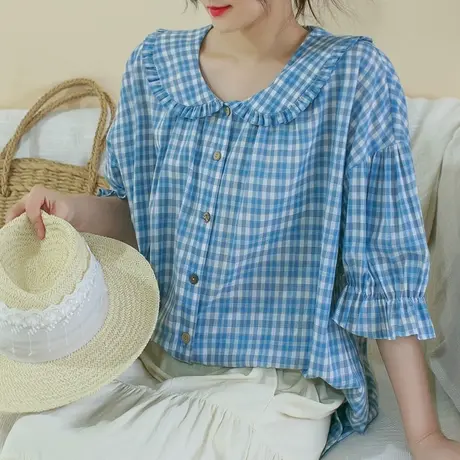 云子胖妹妹夏季2023新款小清新娃娃领花边袖纹格棉质衬衫图片