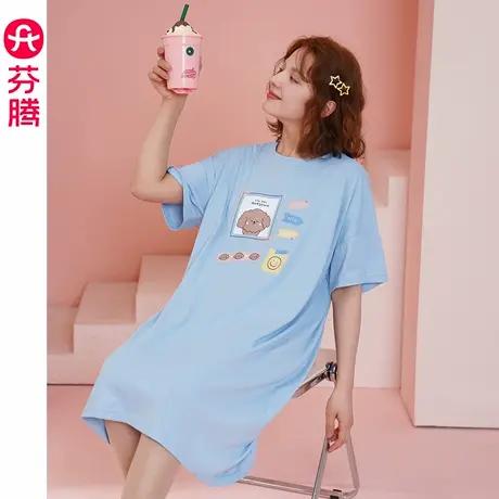 芬腾睡裙女夏季纯棉短袖可爱卡通大码宽松薄款夏天休闲全棉家居服图片