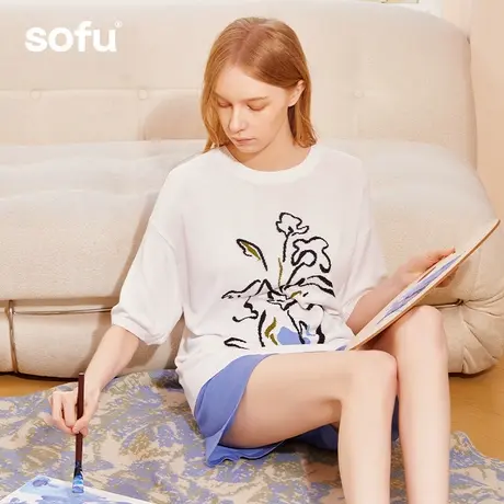 sofu花瓶提花圆领家居服套装可外穿宽松睡衣短袖短裤透气春夏套图片