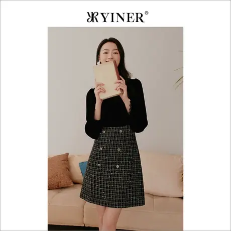 YINER音儿专选女装冬季丝绒拼接粗花呢连衣裙图片