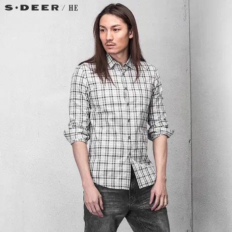 sdeerhe圣迪奥男装文艺舒适休闲清爽青秋格纹长袖衬衫H15170584图片