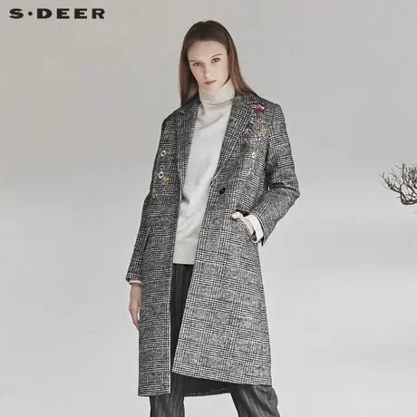 sdeer圣迪奥冬季女装格纹复古绣花长款直筒毛呢大衣外套S18481853图片