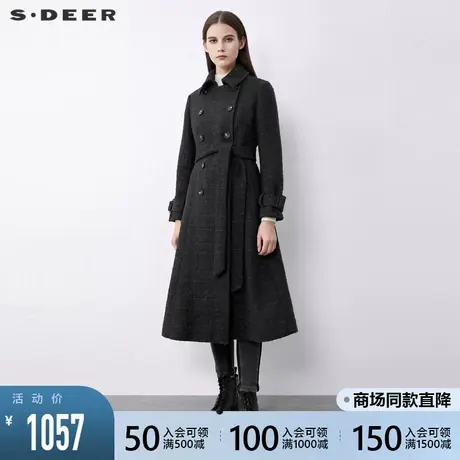 sdeer圣迪奥2021冬装新款翻领双排扣收腰格纹毛呢大衣女S21481815图片