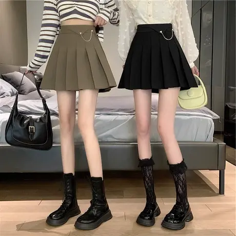 西装卡其色百褶半身裙女秋季设计感2024新款小个子高腰a字短裙裤图片