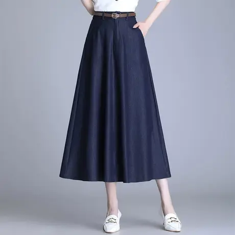 深蓝天丝牛仔裙长裙子女夏季2023新款高腰半身裙中长款显瘦a字裙图片