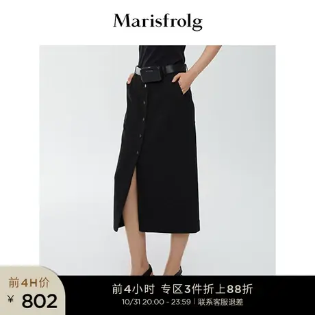 【休闲百搭系列】玛丝菲尔半身裙春季新款黑色修身开衩排扣半身裙图片