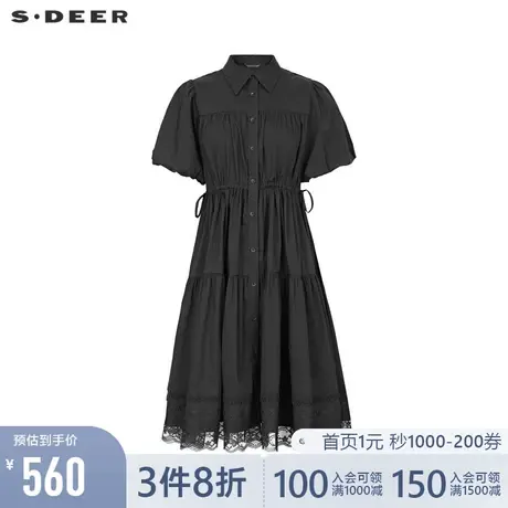 sdeer圣迪奥女22新品休闲翻领收腰小黑裙蕾丝衬衫连衣裙S22261233图片