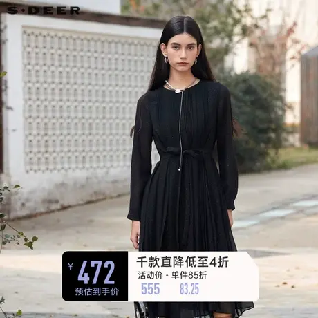 sdeer圣迪奥女装春装新品圆领风琴褶收腰雪纺连衣裙S24161208图片