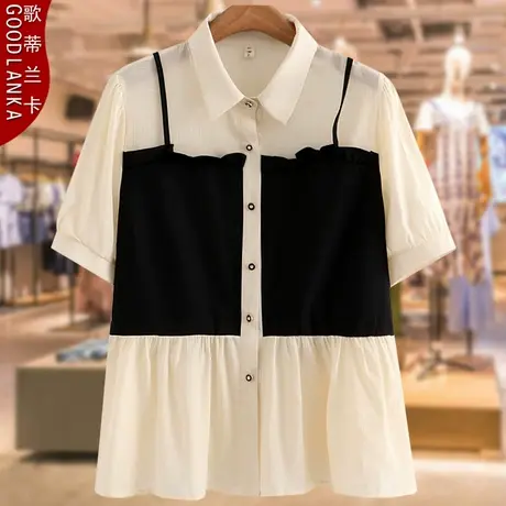 加肥加大码胖妈妈夏季衬衣女2023新款宽松时尚假两件女士雪纺衬衫图片