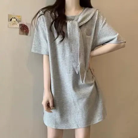 纯棉披肩短袖T恤裙女夏季大码百搭宽松少女感穿搭中长款连衣裙潮图片